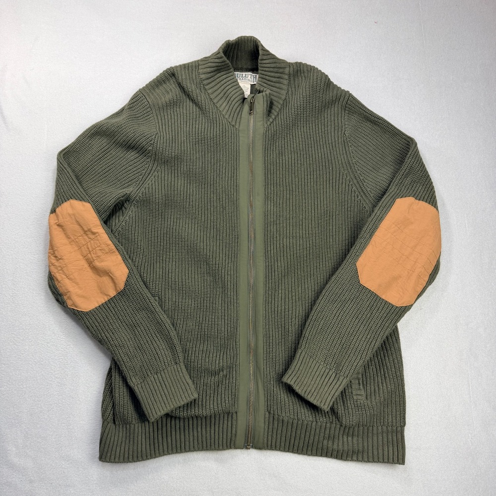 Duluth Trading Co Mens Large Olive Green Ribbed Full Zip Cardigan Elbow Patches
